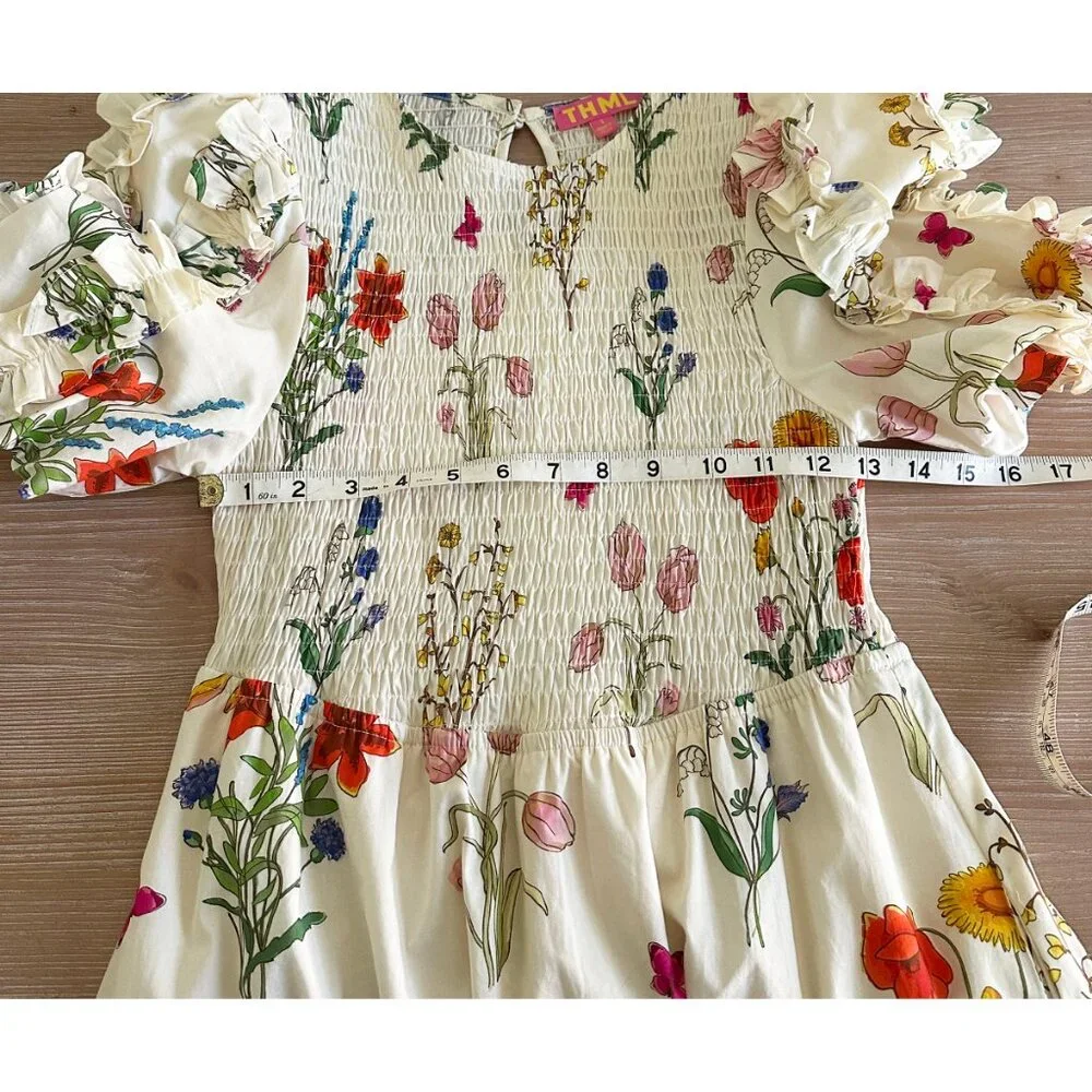 THML Ivory Floral Puff Sleeve Smocked Dress - Small - Picture 5 of 11